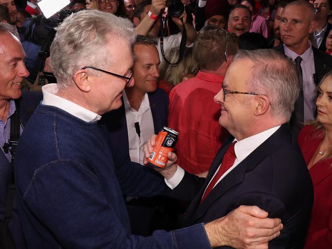 NCA 2025 FEDERAL ELECTION BUS. 3/05/2025 Australian Labor Prime Minister Anthony Albanese In Sydney NSW on federal election night function held at Canterbury Hurlstone Park RSL Club. Australian Labor Prime Minister Anthony Albanese with Jodie Haydon and Nathan Alabense. Tony Burke embraces Albanese. Picture: Jason Edwards / NewsWire