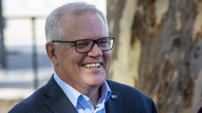 Prime Minister Scott Morrison at a press conference to launch the development of the South Road tunnels in South Australia on Sunday. Picture Emma Brasier