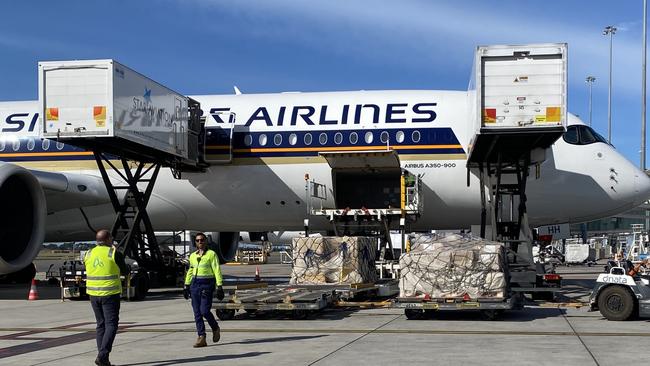 DefenCell flood protection technology arrives at Adelaide Airport on Thursday morning. Picture; Supplied