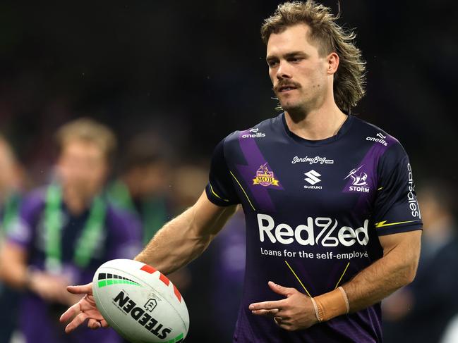 MELBOURNE, AUSTRALIA - APRIL 25: Ryan Papenhuyzen of the Storm warms up before the round eight NRL match between the Melbourne Storm and South Sydney Rabbitohs at AAMI Park on April 25, 2025, in Melbourne, Australia. (Photo by Robert Cianflone/Getty Images)