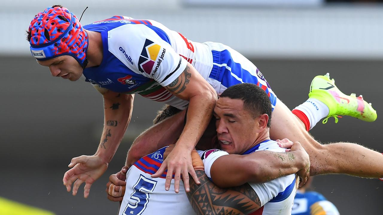 Ponga might’ve been a bit too excited about Hunt’s try. (Photo by Albert Perez/Getty Images)