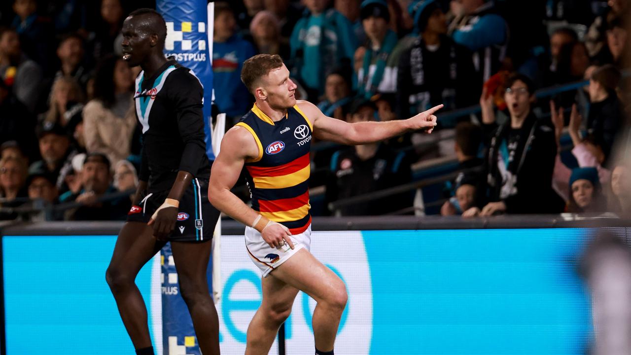 Rory Laird celebrates a goal. Picture: James Elsby/AFL Photos via Getty Images