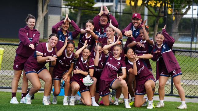 QLD Maroon under 16s celebrate a third-place finish at the 2024 Australian Schools Rugby Championships. Picture: Anthony Edgar.