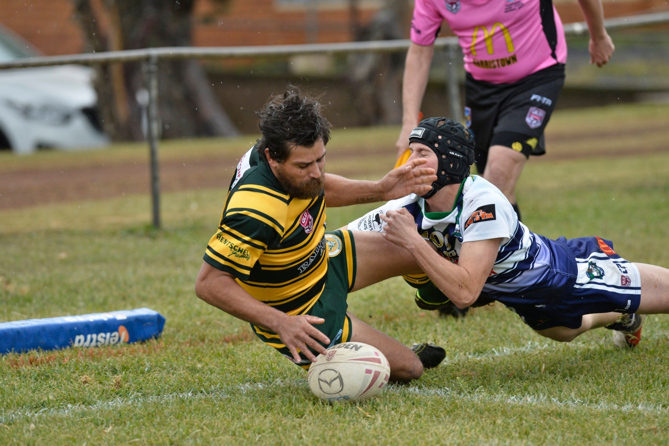 Michael Marshall goes over to try for Wattles against Brothers in TRL Premiership round nine rugby league at Glenholme Park, Sunday, June 2, 2019. Picture: Kevin Farmer