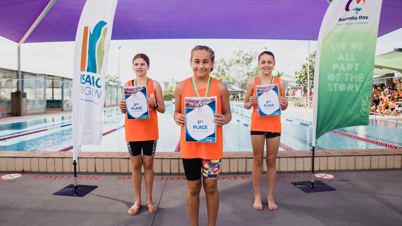 Junior female winner Ava Kearns with Bria Goldman (second) and Annabelle Binnekamp (third) at the 2021 Moranbah Australia Day Triathlon.