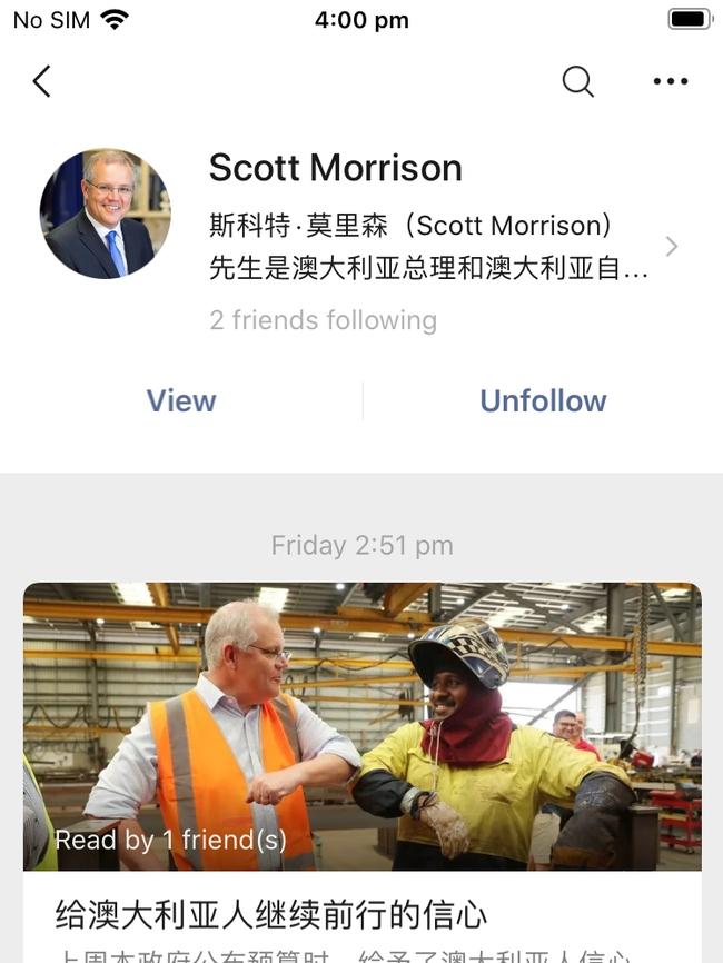 Scott Morrison’s WeChat account had 76,000 followers. Picture: WeChat