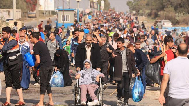 Palestinians flee on foot to escape Israel’s bombing of northern Gaza and seek refuge in the south, Nov. 9. Picture: AFP/Getty Images