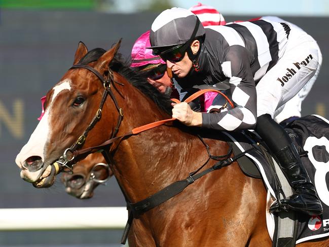 SYDNEY, AUSTRALIA - APRIL 27: Josh Parr riding Disneck  wins Race 6 Hot Rod & Custom Show during Sydney Racing at Rosehill Gardens on April 27, 2024 in Sydney, Australia. (Photo by Jeremy Ng/Getty Images)