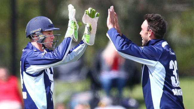 Team man: Glenn Maxwell (R) celebrates with Peter Handscomb during the JLT Cup final. Picture: Getty