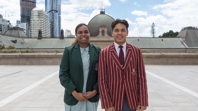 AIEF scholarship students Danella Mene and Melekai Williams at Parliament House in Brisbane. Picture: Josh Kelly