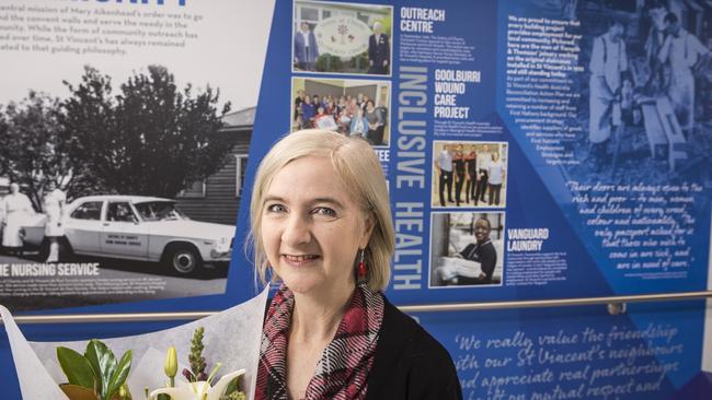 St Vincent's Private Hospital archivist Jane Smith at the opening of the history wall in the emergency department. Picture: Kevin Farmer