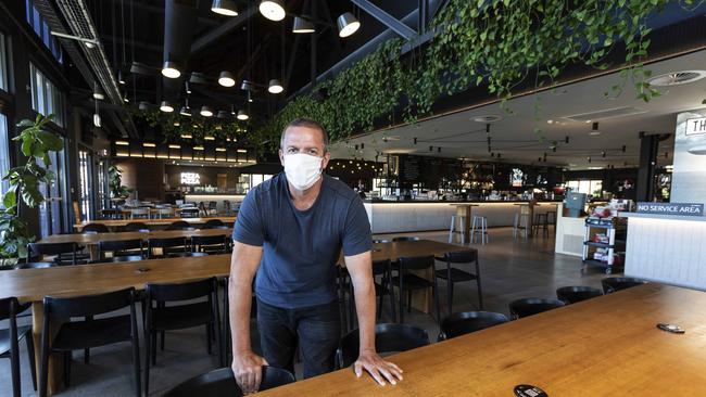 Tim McLernon, owner of Australia’s biggest pub The Camfield, opposite Perth’s Optus Stadium, in the deserted dining room on Big Bash day. Picture: Marie Nirme