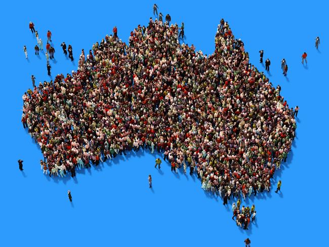 AUSTRALIA POPULATION STOCK -  Human crowd forming a big Australian map on blue background. Horizontal  composition with copy space. Clipping path is included. Population and Social Media concept. Picture: Istock