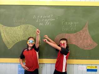 Mt Sylvia State School students Matikah "Wonder Word" Reid and Isabella "Princess Paragraph" Hanford prepare for national book week. Picture: Mt Sylvia State School