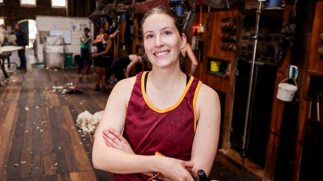 Trainee shearer Erin Twigg at Mount Hesse, Ombersley, west of Geelong. Picture: Nicole Cleary