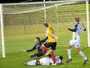 The Fire’s Gareth Musson misses a shot for goal at Stockland Park. Picture: Warren Lynam