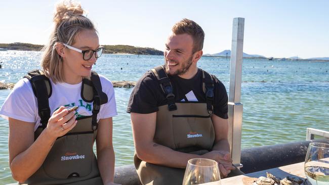 Kyle Chalmers with girlfriend Madison Wilson at Oyster Bay Farm Tours, Coffin Bay.