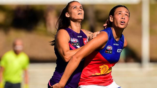 Jesse Wardlaw players from in front for the Lions during the 2020 AFLW. (Photo by Daniel Carson/AFL Photos via Getty Images)