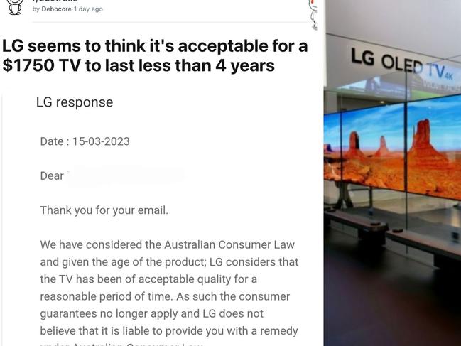 An LG customer received a shock after finding out the company would not replace a faulty six-month old TV. Picture:  Reddit / Debocore