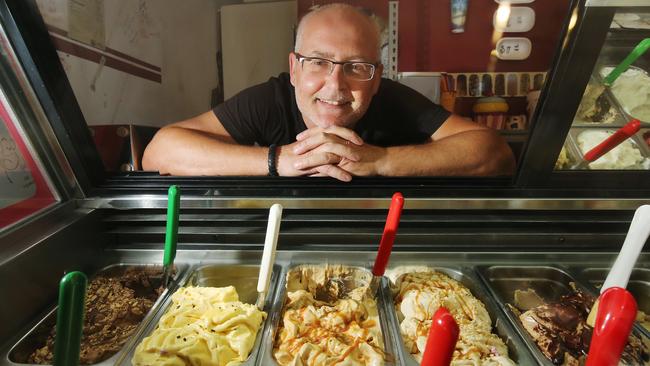 Gelocchio co-owner Renzo Luisetto with a very of freshly made gelato flavours. PICTURE: BRENDAN RADKE