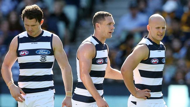 The combination of Joel Selwood, Patrick Dangerfield and Gary Ablett hasn’t jelled yet. Pic: Michael Klein