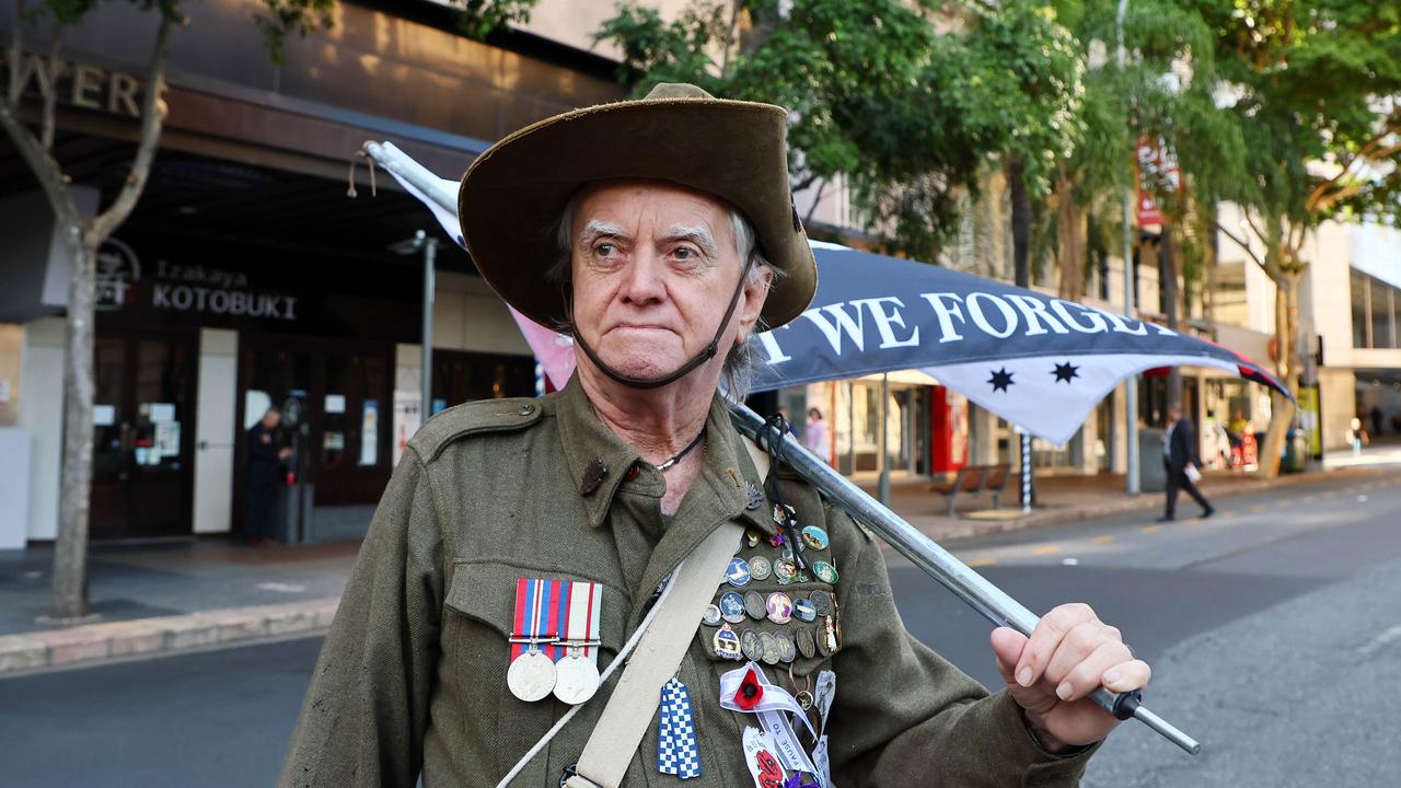 Veteran Cedric Carkeet marches for the 20th year during the Anzac Day Parade held in Brisbane. Picture: NCA NewsWire/Tertius Pickard