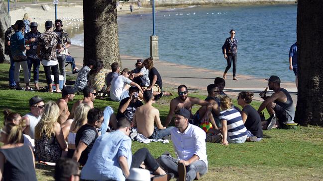 People enjoying a picnic and an alcoholic beverage at East Esplanade Reserve, Manly, before COVID-19. Picture: Troy Snook