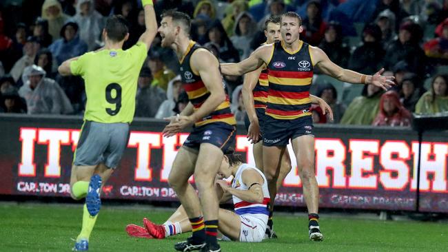 Crows Daniel Talia questions the umpires call for a free kick in the round 9 match against the Western Bulldogs at the Adelaide Oval. Picture: Kelly Barnes/AAP