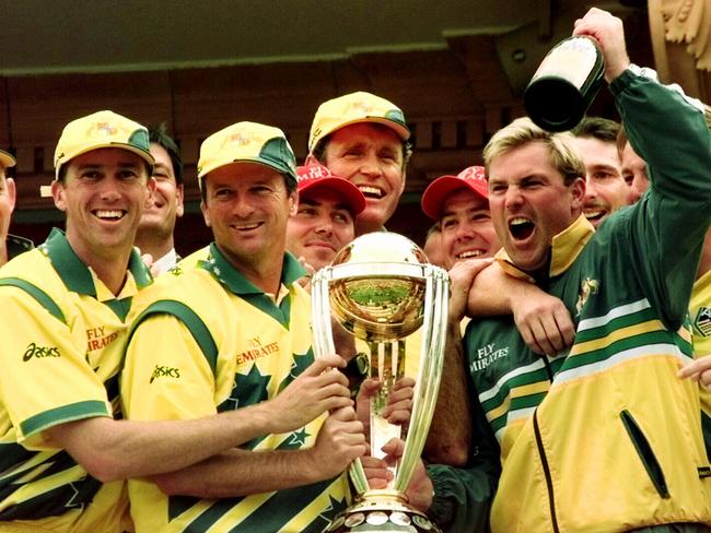 Waugh and the Australia team celebrates their World Cup final win over Pakistan.