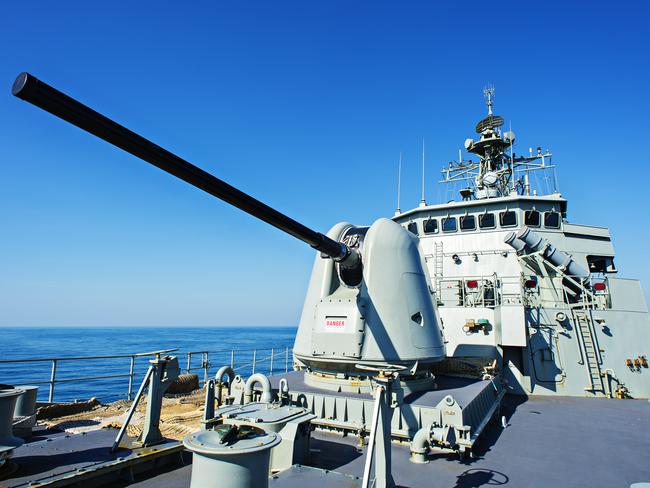 Heading to intercept the Russian flotilla ... Royal Australian Navy (RAN) ship HMAS Stuart, with its 127mm gun capable of firing 20 rounds per minute. Picture: New Corp Australia