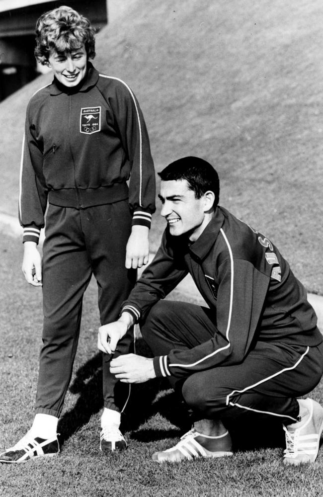 Pam Kilborn and Ron Clarke model tracksuits for the Tokyo Olympics in 1964. Picture: News Corp Australia