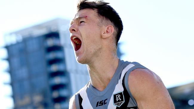 Robbie Gray celebrates his after-the-siren matchwinner against Carlton.