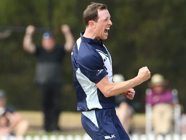 Andrew Fekete celebrates a wicket in the JLT semi-final. Picture: Hamish Blair/AAP