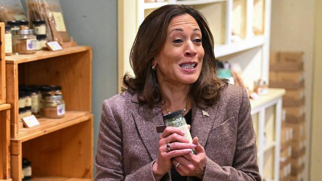 US Vice President and 2024 Democratic presidential candidate Kamala Harris holds a spice bottle during a campaign stop at Penzeys Spices in Pittsburgh, Pennsylvania, on September 7, 2024. Picture: AFP