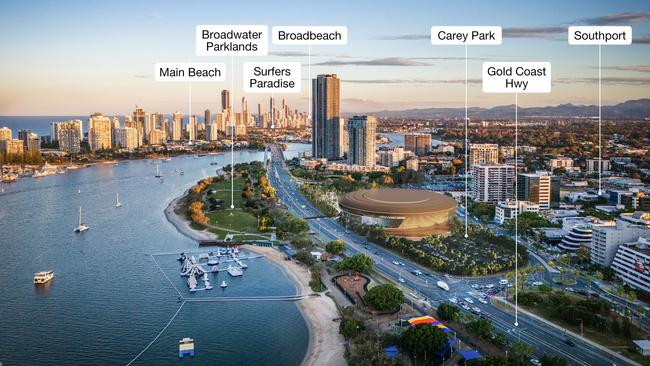 Artist impression of the proposed Gold Coast Arena boutique stadium at Carey Park, Southport. Picture: Supplied by Gold Coast City Council