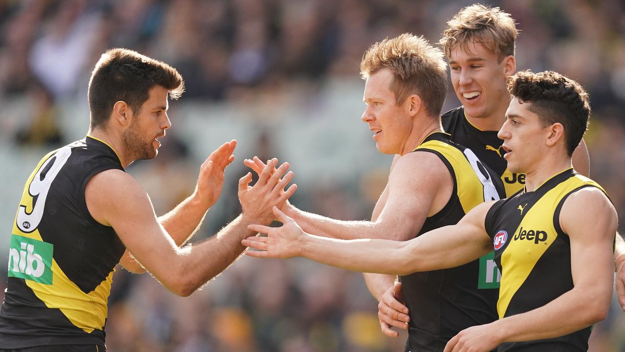 The twin towers Jack Riewoldt and Tom Lynch celebrate a goal with captain Trent Cotchin and Jason Castagna. Picture: Getty Images