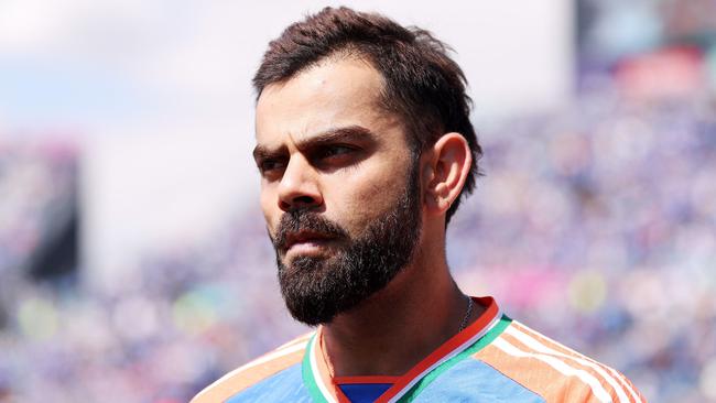 NEW YORK, NEW YORK - JUNE 12: Virat Kohli of India looks on during the ICC Men's T20 Cricket World Cup West Indies & USA 2024 match between USA and India at Nassau County International Cricket Stadium on June 12, 2024 in New York, New York.   Robert Cianflone/Getty Images/AFP (Photo by ROBERT CIANFLONE / GETTY IMAGES NORTH AMERICA / Getty Images via AFP)