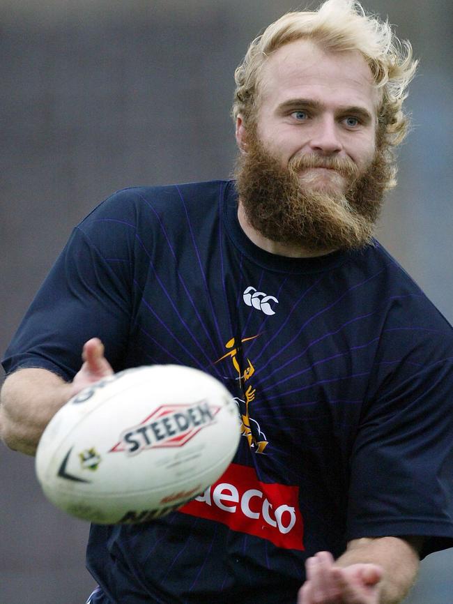 02/06/2004. Kirk Reynoldson gets his pass away. Melbourne Storm training at Olympic Park.