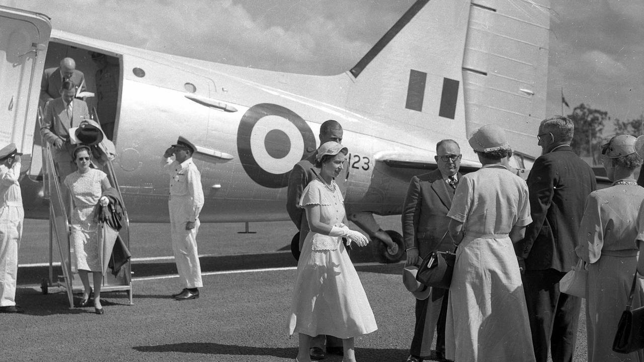 News/royal tour 11/3/1954 Queen Elizabeth arrives at Oakey to be met by local officials. Neg/no E 2165 Picture by Norm Lye The Courier-Mail Photo Archive.