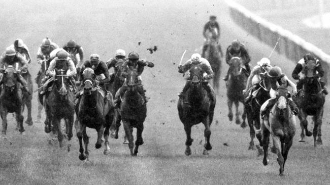 Head-on view of the field in the 1992 Melbourne Cup with Subzero leading the final charge.