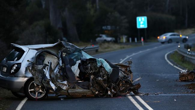 The woman’s Nissan Pulsar after the Murchison Highway crash late yesterday. Picture: CHRIS KIDD