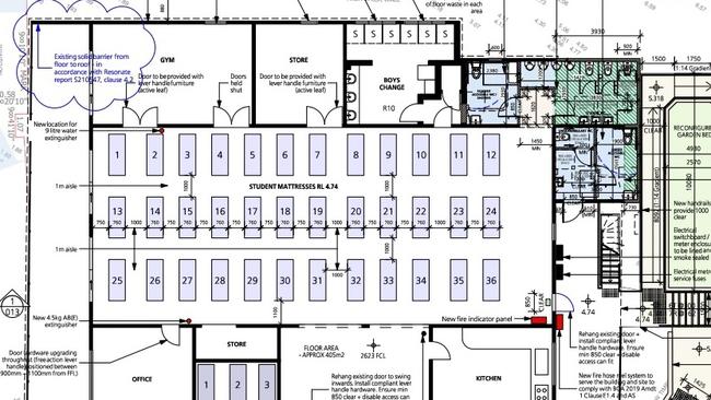 An architectural plan showing the mattress layout of the dorm.