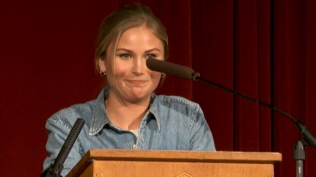 Ms Tame during a speech at her former school, St Michael’s Collegiate Girls’ in Hobart, where much of her sexual abuse took place.