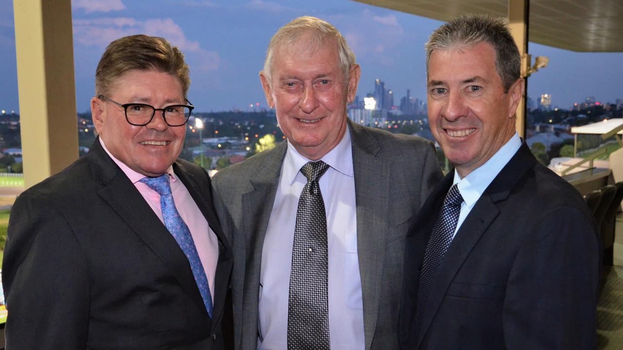 Gary Willetts (centre) with Brent Thompson and Greg Childs at the William Reid Stakes meeting at Moonee Valley in 2019. Picture: Fiona Byrne