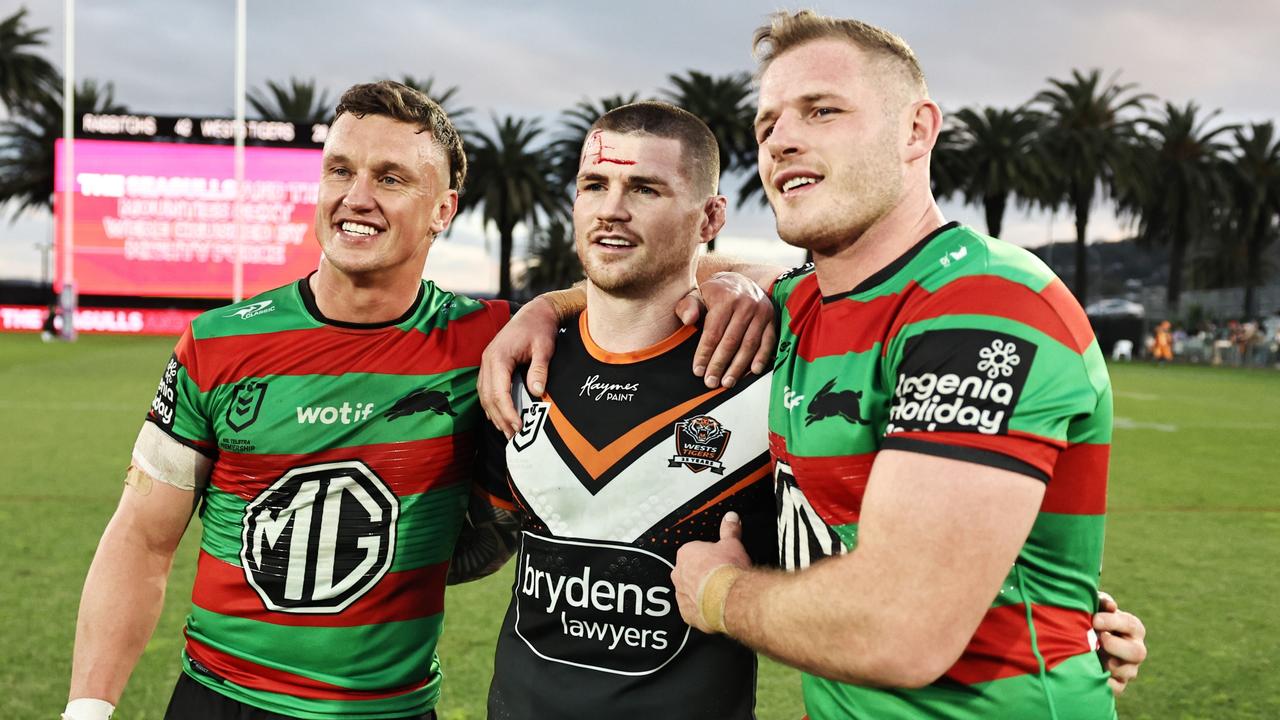 GOSFORD, AUSTRALIA - JULY 20: Jack Wighton, John Bateman and Tom Burgess pose for a photo after the round 20 NRL match between South Sydney Rabbitohs and Wests Tigers at Industree Group Stadium, on July 20, 2024, in Gosford, Australia. (Photo by Mark Evans/Getty Images)