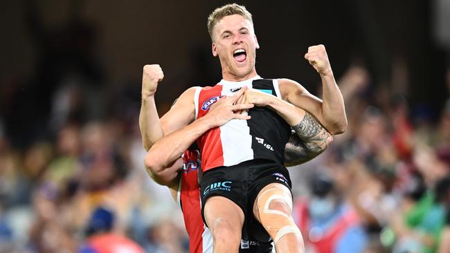 Jack Lonie celebrates a goal for the Saints. Picture: Getty Images