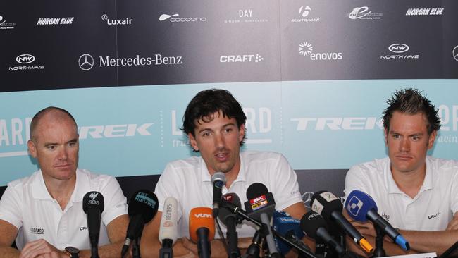 Stuart O'Grady, Fabian Cancellara and Wouter Weylandt of Luxembourg's cycling team Leopard-Trek ahead of the Ronde Van Vlaanderen (Tour of Flanders - Tour des Flandres) cycling race, in 2011.