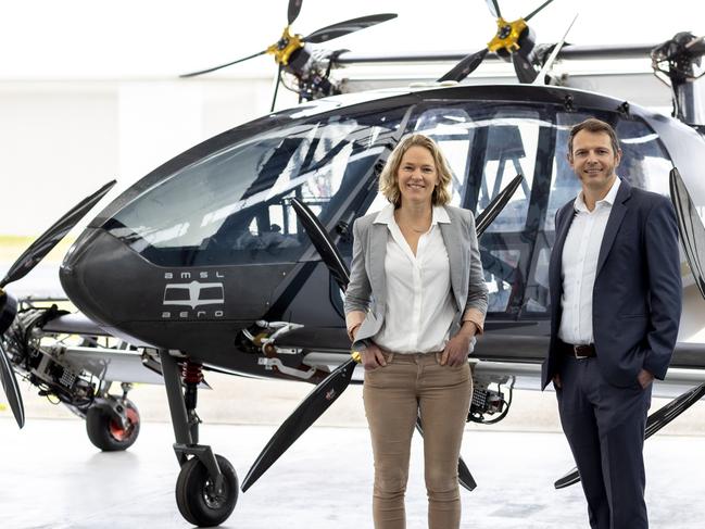 AMSL Aero founders Andrew Moore and Siobhan Lyndon with their electic aircraft Vertiia at bankstwon Aipoprt on Friday 19 August 2022. Photo by Peter Morris/sydneyheads.com