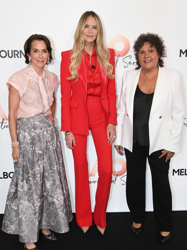 Jayne Hrdlicka with model Elle Macpherson and tennis great Evonne Goolagong Cawley in January. Picture: Getty Images