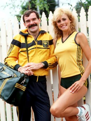 FEBRUARY 3, 1984 : Athletes Michelle Baumgartner & Robert De Castella model 1984 Olympic Games uniform to be worn in Los Angeles, 03/02/84, designed by Prue Acton. Pic New Ltd. Athletics Olympic1984